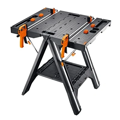 Image de WORX Table de Travail et Chevalet Sciage Multifonction Livrée avec Colliers Serrage rapide Piquets maintien Compacte Légère Système Intégré WX051