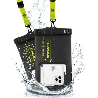 Image de CASE MATE Pelican Marine Lot de 2 Pochettes étanches IP68 (Taille XL) Coque Flottante pour téléphone iPhone 14 Pro Max/13 Max/12 Max/11/S23 Ultra/Pixel 7 Cordon Amovible Noir/Jaune