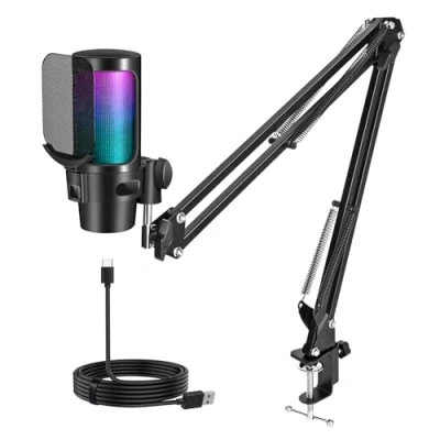 Image de USB Gaming Micro, RGB Microphone à Condensateur, Micro avec Bras, Streaming pour Mac PS4 PS5, Le Les Jeux Podcasts