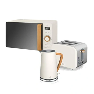 Image de Swan Nordic Set petit déjeuner bouilloire 1,7 l 3000 W, grille pain à fente large 2 tranches, micro ondes 20 numérique, design moderne, effet bois, blanc