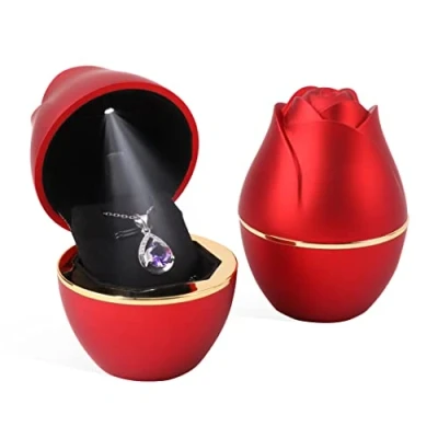 Image de Rolin Roly Boîte de Collier Pendentif avec Lumière LED Rouge en Forme Rose Coffrets Cadeaux à Bijoux Velours Necklace Box pour Proposition Fiançailles