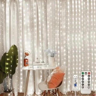 Image de Jsdoin 360LED Guirlande Lumineuse,3.6x3M USB Rideau Lumineux Noel Intérieur,8 Modes Dimmable avec Télécommande et Minuterie, Etanche LED Decoration de Noël, Mariage, Fenêtre (Blanc froid)