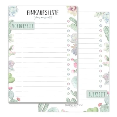 Image de paper&amp;you® Bloc notes A6 [Cactus] avec 50 feuilles détachables Pour liste de courses faire du shopping amusant ! Respectueux climat et durable
