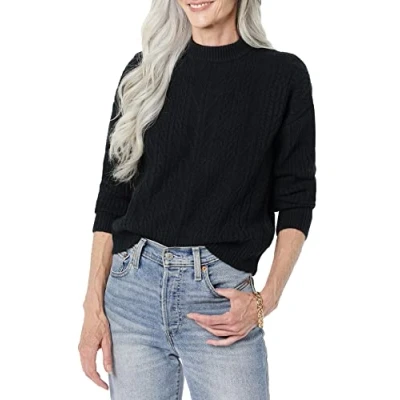 Image de Amazon Essentials Pull À Col Rond Torsadé Moderne Doux Au Toucher (Disponible en Grande Taille) Femme, Noir, S