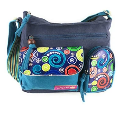 Image de Macha sac en coton et inserts cuir avec imprimés colorés, à main bandoulière pour femme ethnique indienne (bleu)