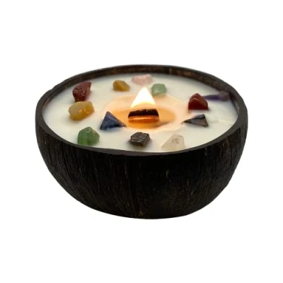 Image de VIE Naturals Bougie faite à la main dans une coquille de noix coco naturelle, pierres précieuses chakra