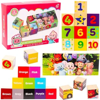 Image de Toyland® Cocomelon Cubes en Bois avec 4 Puzzles d&#039;images Jouets éducatifs pour Tout Petits Blocs de Construction