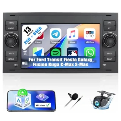 Image de 2+64GB Autoradio à écran Tactile 7&quot; pour Ford Focus/C Max/S Max/Galaxy/Fusion/Transit Connect avec Carplay &amp; Android Auto, 13 Radio Bluetooth WiFi GPS FM/RDS 36EQ SWC + Caméra de recul