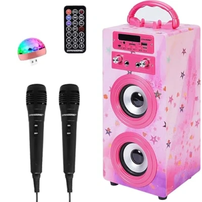 Image de Machine à Karaoké Portable DYNASONIC avec 2 Micros, Haut Parleur Bluetooth, Lecteur USB/SD, Lumières, Cadeau pour Enfants (Modele 15 lumière)