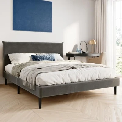 Image de lit 160 x 200 cm et cm, rembourré, avec sommier à lattes, cadre de lit, double housse en velours doux tête rembourrée, robuste, confort couchage élevé Gris