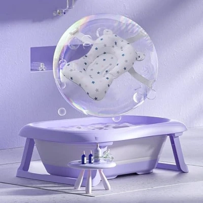 Image de Baignoire Pliable Bébé,Bassin de Bain Antidérapant avec Coussin Confortable,Bouchon Vidange,Facile à ranger (violet)