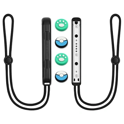 Image de Vicloon 1 Paires Dragonnes pour Switch Joycon, Contrôleur de Poignet, avec 4 Capuchons Poignée Pouce, Dragonne Poignet Élastique Réglable (Noir)