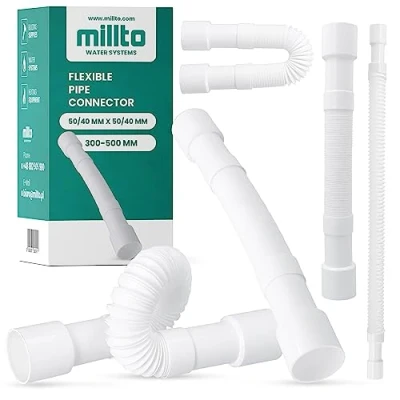 Image de Millto™ Tuyau d&#039;évacuation flexible 50/40 mm en polypropylène blanc Raccord universel de raccordement réglable Compatible avec toutes les configurations