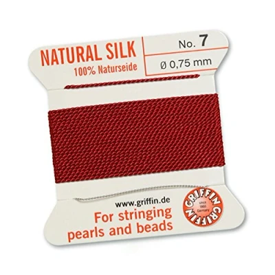 Image de GRIFFIN Fil de cordon perles 100 % soie naturelle Rouge grenat 2 mètres avec une aiguille Taille 0,75 mm