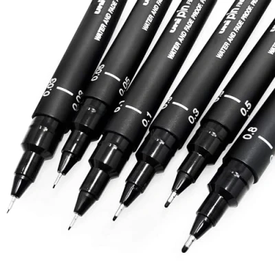 Image de Uni Pin Lot de 6 stylos à dessin Encre noire Pointe fine 0,03 0,8 mm