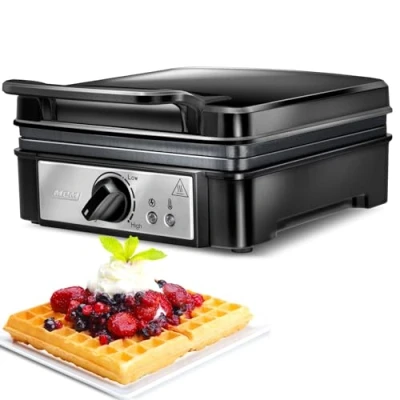 Image de MPM MGO 24 Gaufrier Professionnel pour 2 Gaufres Belges Épaisses, Plaques Antiadhésives, Régulateur de Température, Noir, 1400W, Legierter Stahl, 1 Liter