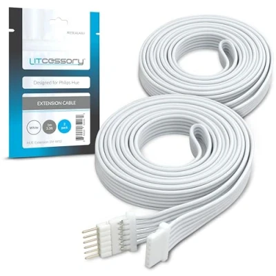 Image de Litcessory Câble d&#039;extension pour Philips Hue Lightstrip Plus (1m, Lot de 2, Blanc MICRO 6 BROCHES V4)