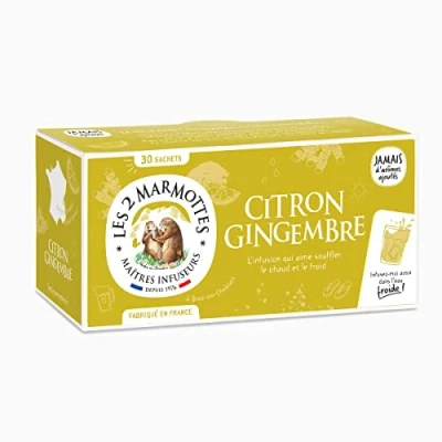 Image de Les 2 Marmottes Infusion Citron Gingembre 30 sachets fruitée et gourmande A Consommer Chaud ou Froid Made In France Sans arômes ajoutés 50g