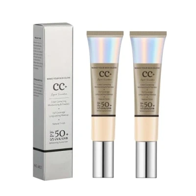 Image de Cc Crème, Fluide Fond De Teint Couvrant Imperfections, Durable Maquillage Nude Hydratant Anticernes, Anti Terne Et Rougeurs, Fini Semi Mat, Cream With Spf 50+ (2PC, 30ML)