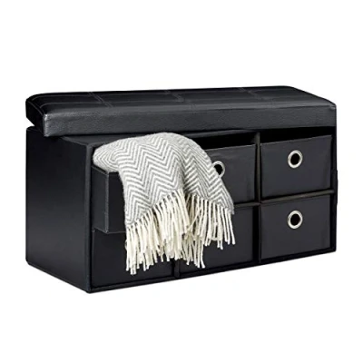 Image de Relaxdays Banc de rangement rectangle pliant avec 6 compartiments amovibles tabouret stockage ottoman assise pouf simili cuir coffre pliable 38 x 76 cm, noir