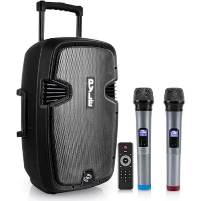 Image de Pyle Système de sonorisation Portable Karaoké Haut Parleur Bluetooth à Alimentation Active 1600 W, Batterie Rechargeable, roulettes faciles Transporter,USB MP3 RCA, Radio FM,2 Microphones UHF