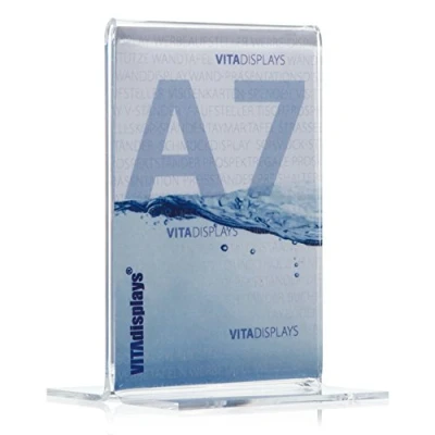 Image de présentoir publicitaire en T, T au format DIN A7 vertical, de table transparent PLEXIGLAS original