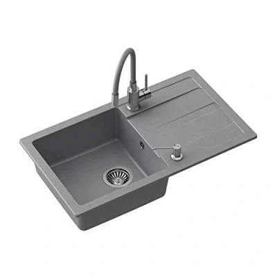 Image de VBChome Évier avec robinet, 77 x 44 cm, gris, granit, simple, surface d&#039;écoulement mouchetée, réversible, composé + siphon distributeur de liquide vaisselle