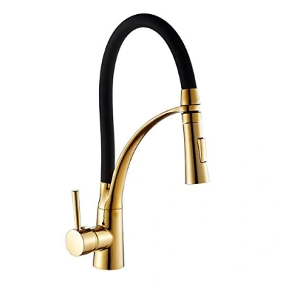Image de FHMING Robinet de cuisine extensible doré et noir avec douchette extractible Mitigeur monocommande pivotant à 360 en laiton