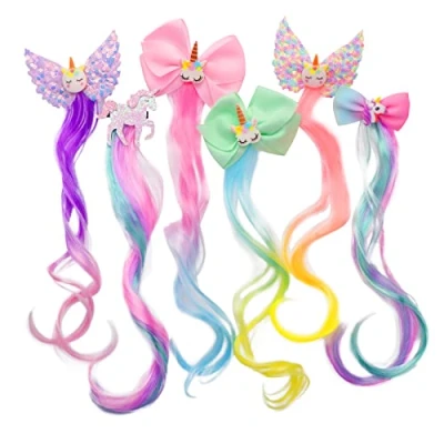 Image de Clip Cheveux Fille, 6pcs Extension Naturel Colorée Barrette Fille Bouclés Pinces À Licorne Pour Queue de Cheval Perruque Enfant Tressé