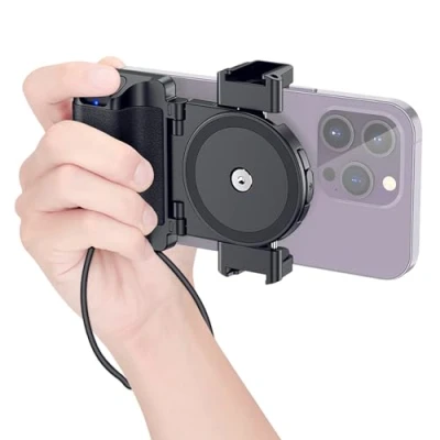 Image de Poignée Compacte pour Smartphone avec Télécommande sans Fil Amovible et Deux Supports Griffe Compatible iPhone 16 15 14 13 12 11 Galaxy Pixel Mate 55 90 mm de Large Photo Vidéo Vlog (Noir)