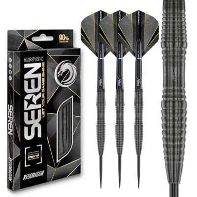 Image de RED DRAGON Jeu de fléchettes Seren Onyx 3 24 g 90 % tungstène pointe en acier professionnel avec ailettes et tiges (tiges)