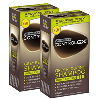 Image de Just For Men Control GX Shampooing Réducteur de Gris pour cheveux gris, à l&#039;huile coco et l&#039;aloe vera, nouvelle formule améliorée, toutes les nuances, 118 ml x 2 unités Pack Promoo