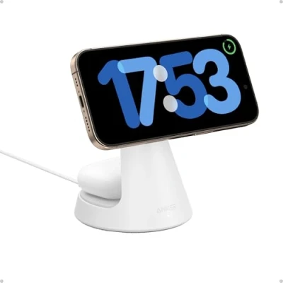 Image de Anker MagGo socle de charge 2 en 1 compatible MagSafe, chargeur ultra rapide 15W certifié Qi2, réglable et super résistant, pour iPhone 16/15/14, AirPods Pro, plus (adaptateur USB C 40W non fourni)