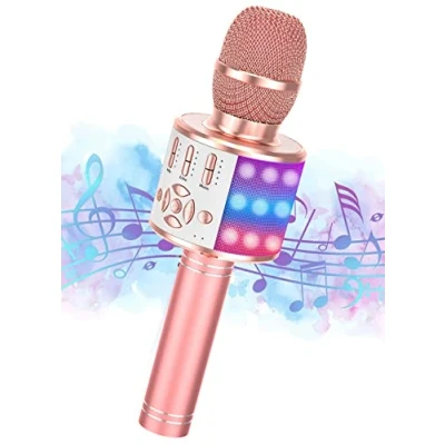 Image de Microphone sans Fil Karaoké, Ankuka Bluetooth Machine à Karaoké Accueil Lecteur KTV Cadeau Enfants pour Android/iOS avec Fonction d&#039;enregistrement, Lumières Dansantes, Sons Magiques, Rose
