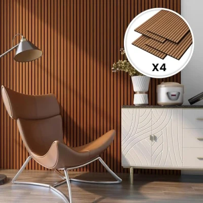 Image de NEU.HOLZ Set de 4 Panneaux Acoustiques Muraux Plafond Isolation Sonore Lattes Décoratives Style Scandinave Installation Facile NRC 0,8 MDF 120 x 60 cm Effet Teck