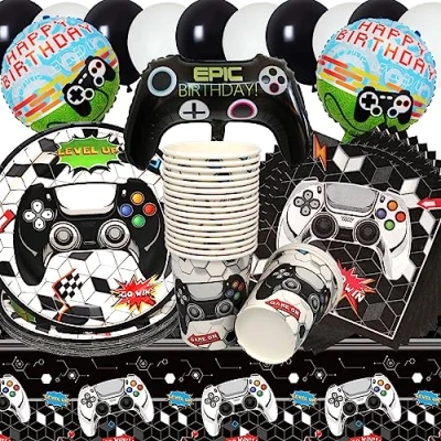 Image de Vaisselle de Fête Anniversaire Jeu Vidéo,Doyomtoy 76 Pièces Papier Set Assiettes en Serviettes Tasses Ballons pour à Thème Vidéo Décorations d&#039;Anniversaire