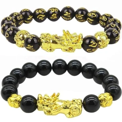 Image de Bracelet De Richesse L&#039;obsidienne Feng Shui, Shui Xiu 12mm Perles Élastique Orale Sculptée À Main, Hommes Femmes, Attirant Richesse,
