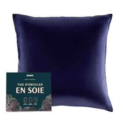 Image de DREAMZIE Taie d Oreiller en Soie 100% Naturelle de mûrier pour Les Cheveux et la Peau 19 mm des Deux côtés 1 unité Bleu Foncé 80x80 cm