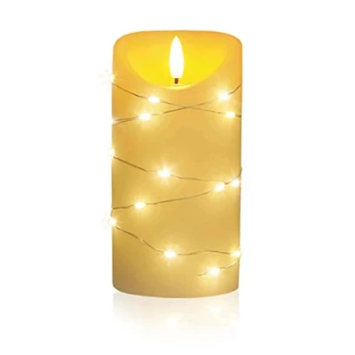 Image de LED Universum bougie Cynthia 15 cm, en cire véritable enveloppée d&#039;une guirlande lumineuse LED, couleur crème, lumière blanche chaude, minuterie 5 h, fonctionne avec 2 piles AA (non