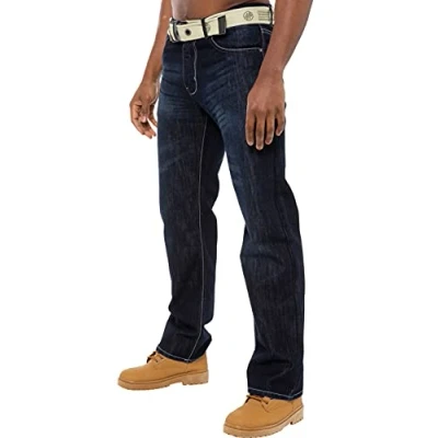 Image de Enzo jean droit pour homme Coupe droite Pantalon en avec fermeture éclair Ceinture sans braguette, Noir délavé, 38W / 32L