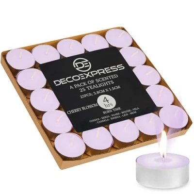 Image de DECO EXPRESS Lot de Bougies Chauffe Plat 200, 100, 50, 25 ou 24, Bougie Longue Durée Combustion 4, 8 10 Heures (Fleur Cerisier 25/4 heures)