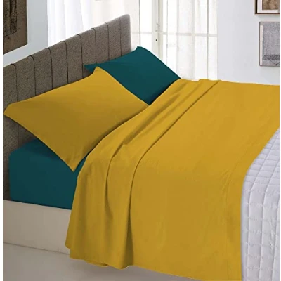 Image de Italian Bed Linen Parure de lit Natural Color, Coton, Ocre/Vert pétrole, Una Piazza e Mezza
