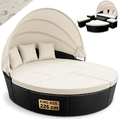 Image de Casaria® Bain de Soleil Noir 226 cm 2 en 1 Ensemble Ovale polyrotin avec Coussins et Pare Salon Jardin