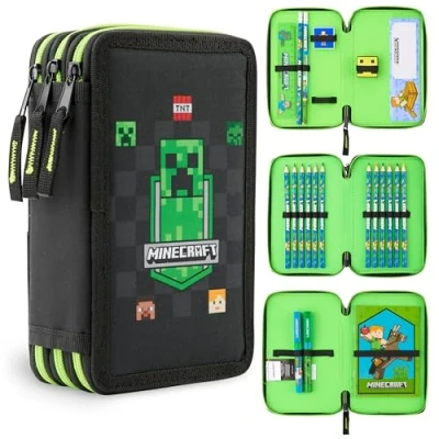 Image de Minecraft Trousse Scolaire Enfants avec Plusieurs Compartiment, Papeterie Incluse Ecole Fourniture (Noir AOP)