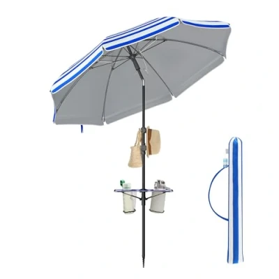 Image de SONGMICS Parasol 160 cm, UPF 50+, Inclinaison de 30 des 2 Côtés, Hauteur Réglable, Petite Tablette, Crochets, Adapté pour Plage, Jardin, Sans Base, Bleu et Blanc GPU0080Q02