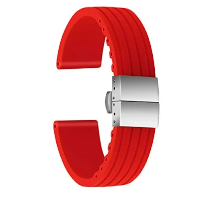 Image de ULLCHRO Bracelet Montre Haute Qualité Remplacer Silicone Stripe Pattern 16mm, 18mm, 20mm, 22mm, 24mm Caoutchouc avec Boucle Déployante Acier inoxydable (18mm, rouge)