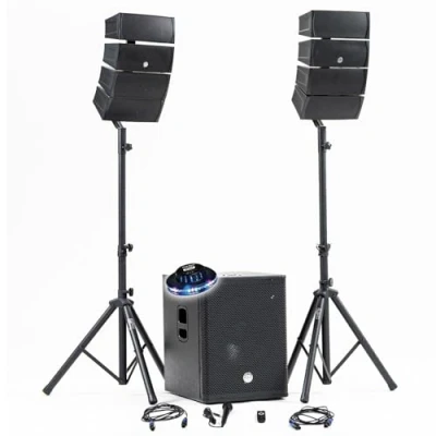 Image de Pack Sono DJ 1200W complet BM Bmsonic BMS 15 ARRAY BT Enceintes satellites SUB 38cm USB/Bluetooth, Supports Câbles, Jeu de lumière