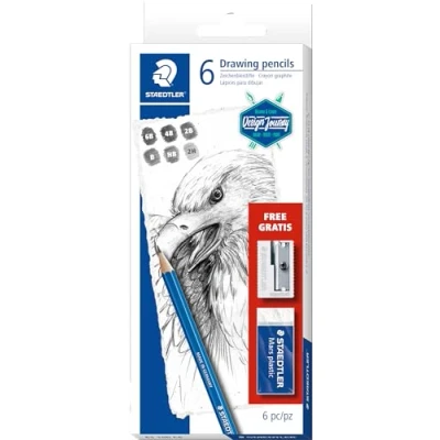 Image de Staedtler Mars Lumograph 100, Crayons graphites de très haute Qualité avec Gomme et Taille crayon, pour écriture Dessin Artistique, Boîte en Carton 6 Différents Assortis, 1