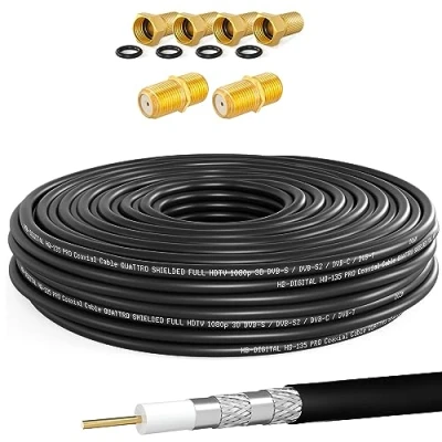 Image de hb digital Câble coaxial 15m SAT HQ135 PRO incl. 2X connecteur F + 4X plaqué d&#039;antenne satellite quadruple blindé pour systèmes DVB S/S2 C/C2 T/T2 DAB+Radio BK