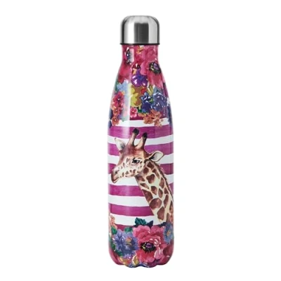 Image de Mikasa Wild at Heart bouteille d&#039;eau en acier inoxydable, 500ml, isotherme avec couvercle à vis pour les trajets quotidiens, l&#039;école ou le gymnase, imprimé girafe